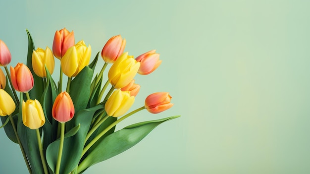 Tulipani vibranti in vaso su sfondo verde acqua