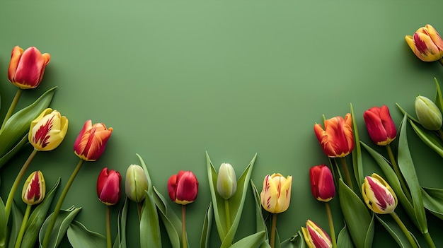 Tulipani vivaci su uno sfondo verde Arrangamento floreale per la primavera Perfetto per biglietti di auguri e inviti Immagine di scorta AI
