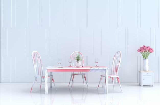 Tulipano bianco della decorazione della sala da pranzo, sedia rosa a strisce e scrivania. Giorno di San Valentino. Nuovo anno. Rendering 3D