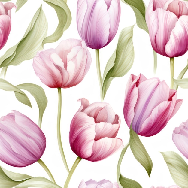 Tulipano color acqua senza soluzione di continuità con motivo a foglie su sfondo bianco