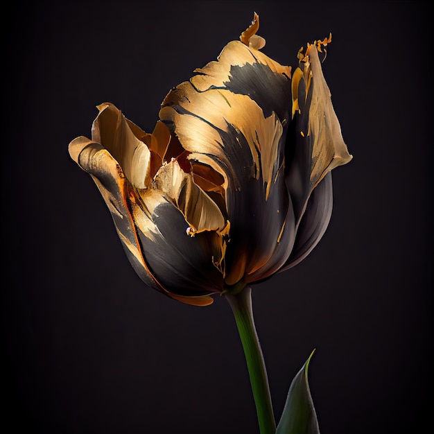 Tulipano dorato su nero lusso costoso Fiore Chic Fiore Metallico Tulipani placcati oro Illustrazione astratta Ai generativa