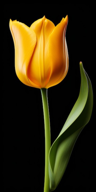 Tulipano iper realistico giallo scuro e grigio scuro su sfondo nero