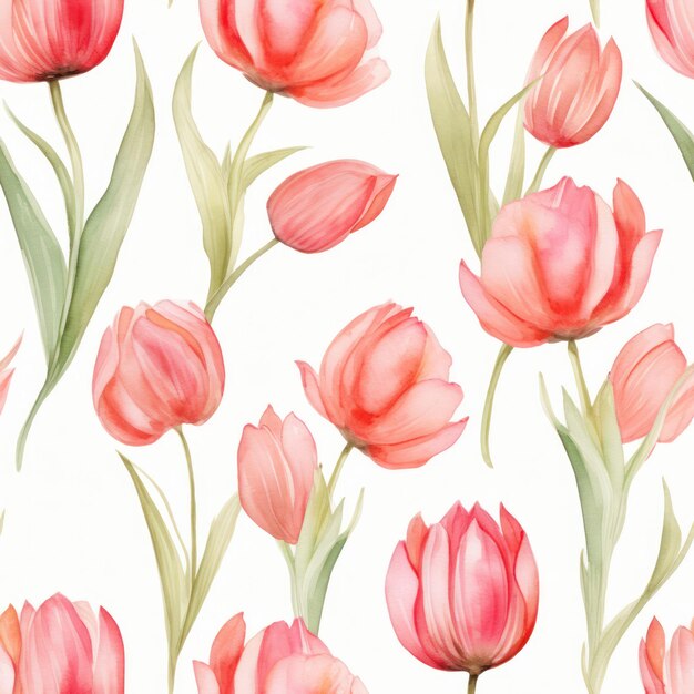 Tulipano senza cuciture color acqua con motivo a foglie su sfondo bianco