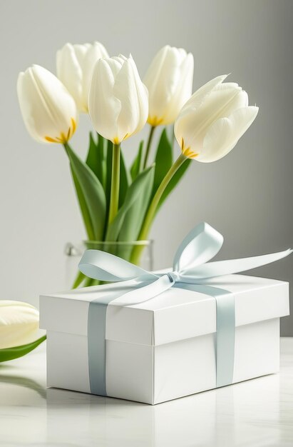 Tulipi bianchi accanto a una scatola da regalo bianca su un tavolo bianco Giorno delle donne Giorno delle madri