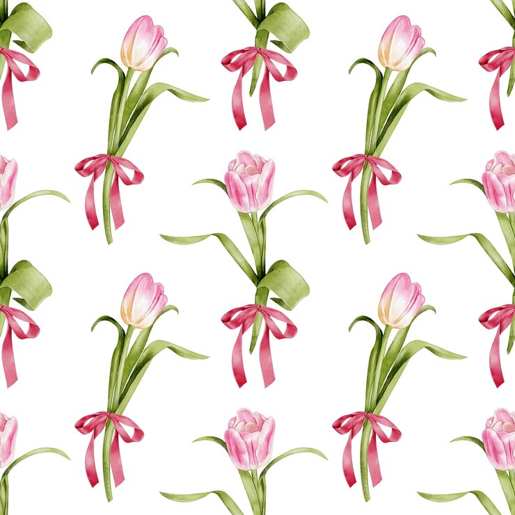 Foto tulipi con archi rosa modello senza cuciture acquerello illustrazione disegnata a mano su sfondo bianco ideale