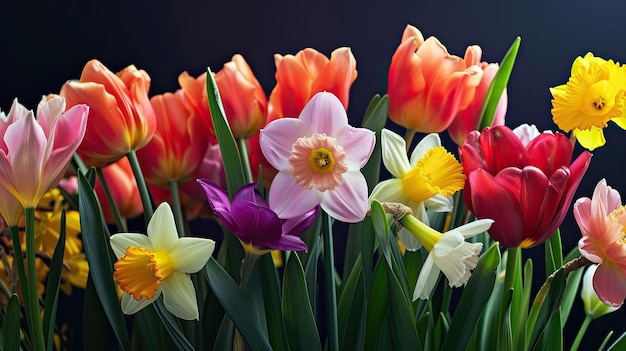 Tulipi Fiori peonie buttercup primavera marzo bouquet regalo di vacanza fiorito dare rosso giallo bianco giardino campo odore germogli steli generati da AI