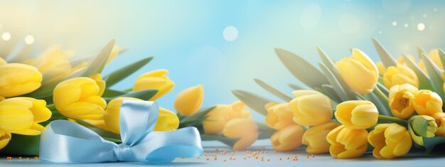 Tulipi gialli brillanti e regali elegantemente avvolti adornati con nastri blu e dorati su uno sfondo blu morbido con bokeh chiaro e luccioli dorati sulla superficie