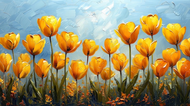 Tulipi gialli vibranti con uno sfondo blu artistico