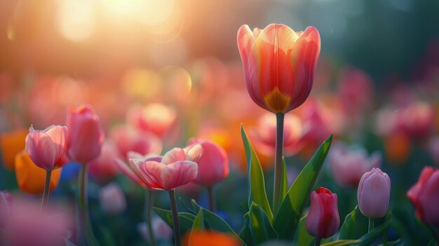 Tulipi rosa e gialle in un giardino