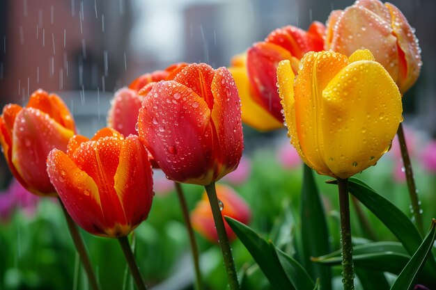 Tulipi rossi e gialli in fiore sotto la pioggia in giardino