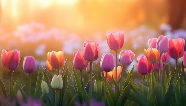 Tulipi sullo sfondo del tramonto in un concetto di primavera sul campo