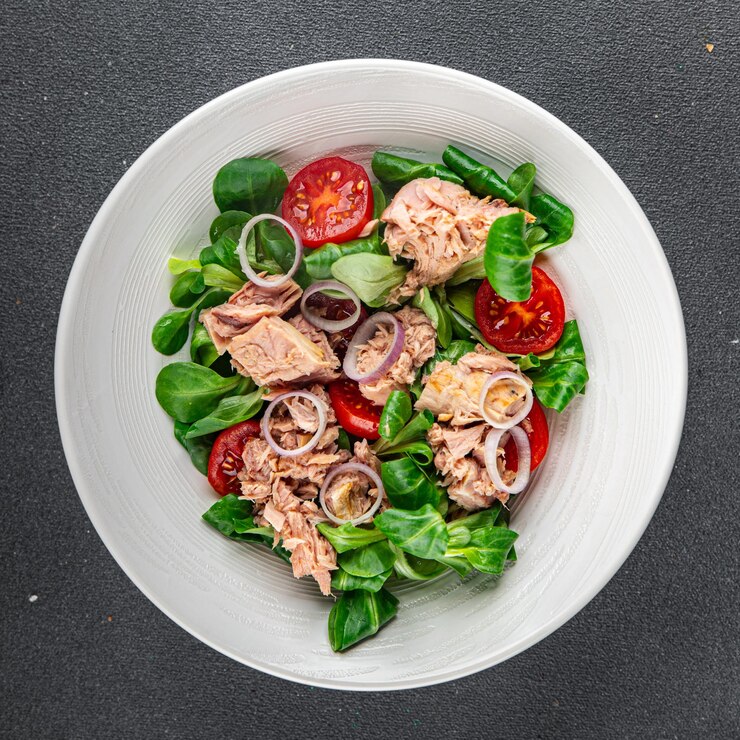tuna salad tomato green leaf lettuce onion healthy eating cooking appetizer meal food snack