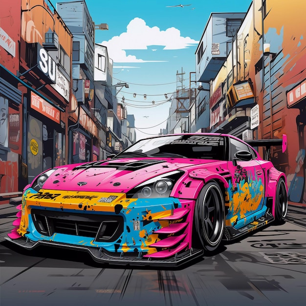 Tuning auto giapponese Bosozoku graffiti poster art illustrazione AI generato