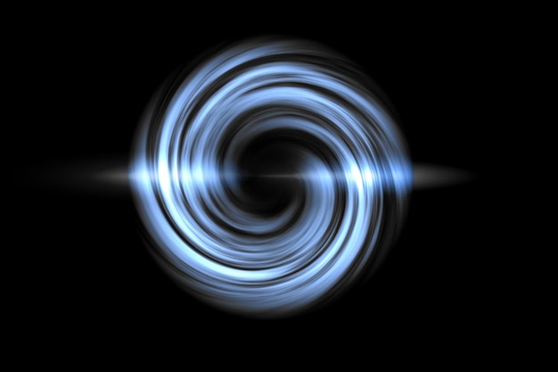 Tunnel a spirale luminoso con cerchio di luce blu su sfondo nero sfondo astratto