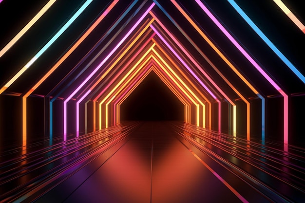 Tunnel al neon 3d con linee colorate arcobaleno