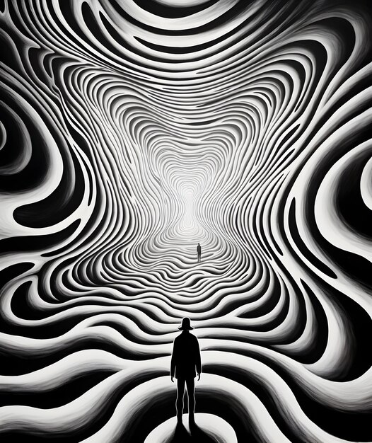 Tunnel bianco e nero con una persona al centro illusione ottica o ipnosi psichedelica vortice