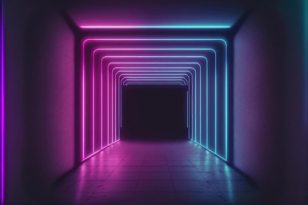 Tunnel del corridoio luminoso al neon con vista prospettica decrescente
