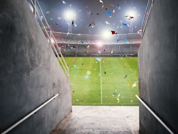 Tunnel dell'arena di rendering 3D con campo di calcio