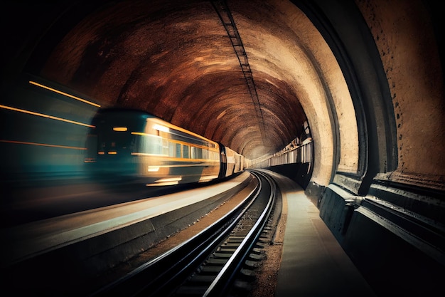 Tunnel della metropolitana con vista del treno che sfreccia attraverso i tunnel bui creati con l'IA generativa
