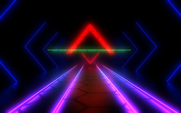 Tunnel di architettura astratta con luce al neon. 3d illustrationa