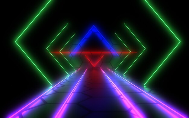 Tunnel di architettura astratta con luce al neon. 3d illustrationa