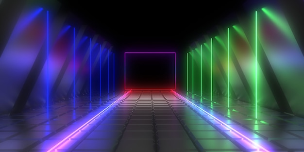 Tunnel di architettura astratta con luce al neon. Illustrazione 3D