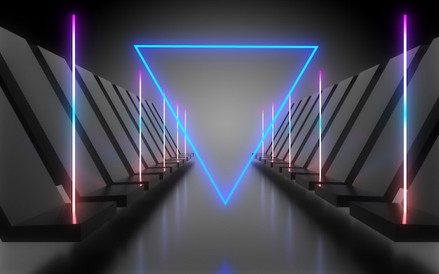 Tunnel di architettura astratta con luce al neon. Illustrazione 3D