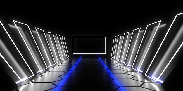 Tunnel di architettura astratta con luce al neon. Illustrazione 3D