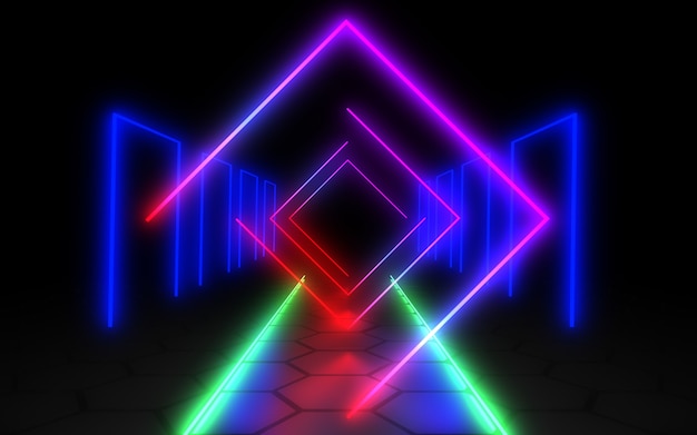 Tunnel di architettura astratta con luce al neon. Illustrazione 3D