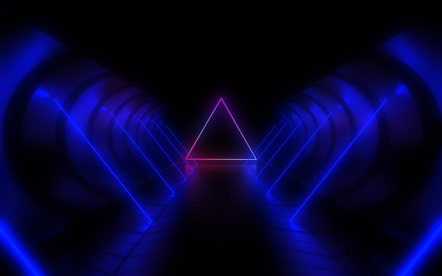 Tunnel di architettura astratta con luce al neon. Illustrazione 3D