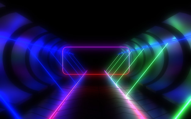 Tunnel di architettura astratta con luce al neon. Illustrazione 3D