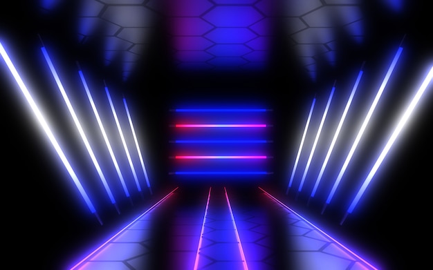 Tunnel di architettura astratta con luce al neon. Illustrazione 3D