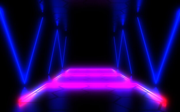 Tunnel di architettura astratta con luce al neon. Illustrazione 3D