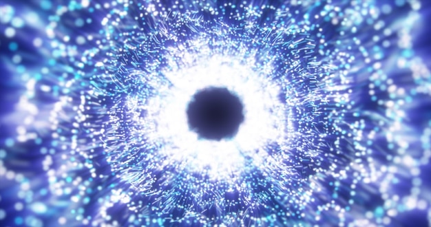 Tunnel di energia blu astratto fatto di particelle e una griglia di linee hightech con un bagliore