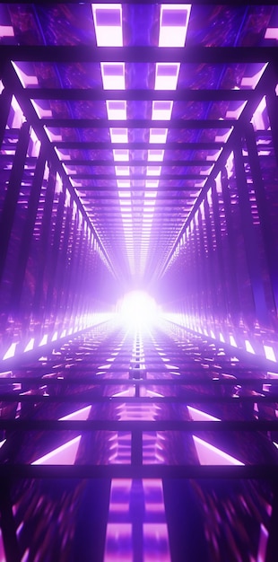 Tunnel di luce multicolore con luci viola e riflessi sullo sfondo dell'effetto di illuminazione del palco