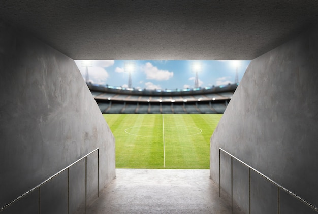Tunnel di rendering 3D nello stadio con campo verde