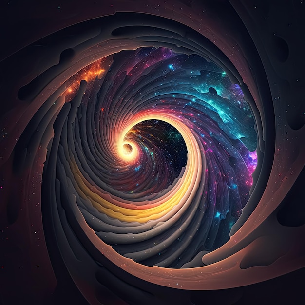 Tunnel di wormhole a spirale della galassia stellata astratta Concetto di tempo portale a vortice nello spazio IA generativa