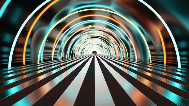 Tunnel futuristico astratto bagliore 3D con luci al neon con pavimento modello