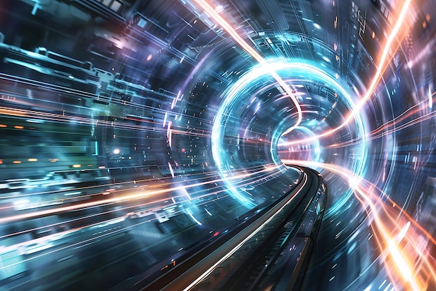 Tunnel futuristico con luci al neon e linee di velocità