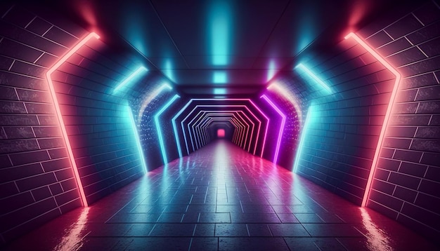 Tunnel futuristico Illuminazione laser o fluorescente sulle pareti Atmosfera cyberfuturistica IA generativa