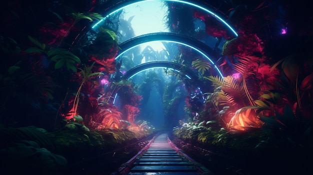 Tunnel futuristico nella giungla con albero di luci al neon