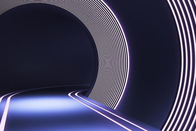 Tunnel futuristico viola astratto con carta da parati a linee Concetto di pagina di destinazione del sito Web Rendering 3D