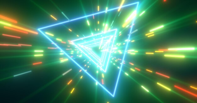 Tunnel hitech futuristico di energia verde astratta di triangoli volanti e linee magiche al neon incandescente