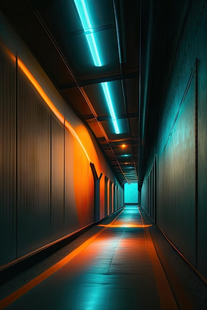 Tunnel illuminato e corridoio in due tonalità verde acqua e arancione