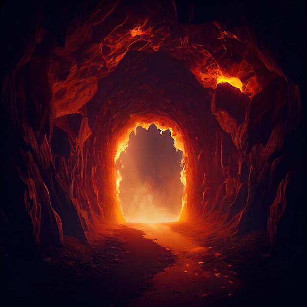 Tunnel luminoso non identificato all'inferno con ingresso alla porta dell'inferno