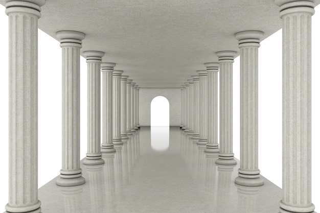 Tunnel lungo corridoio tra colonne classiche su sfondo bianco. Rendering 3D