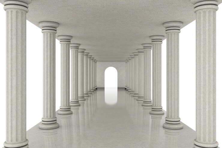 Tunnel lungo corridoio tra colonne classiche su sfondo bianco. Rendering 3D
