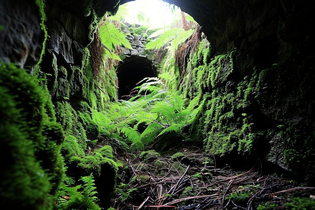 Tunnel nella foresta con muschio e felci