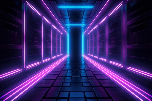 Tunnel o corridoio con luce al neon a velocità di movimento Sfondo futuristico della prospettiva del cyberspazio laser