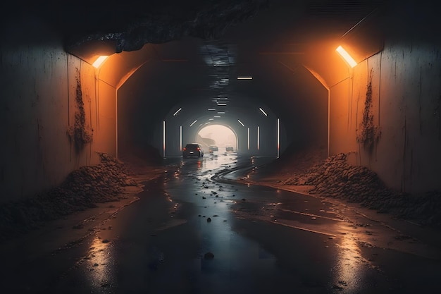 Tunnel post-apocalittico dopo la pioggia con polvere radioattiva arancione Rete neurale AI generata